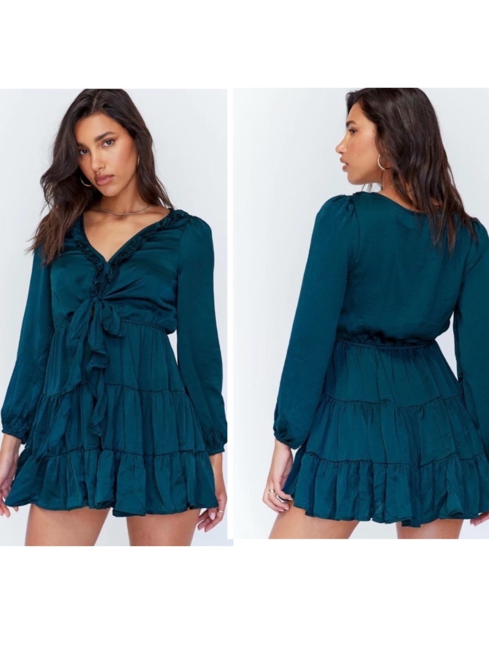 Princess Polly Teal Tie-Front Long-Sleeve Tiered Mini Dress